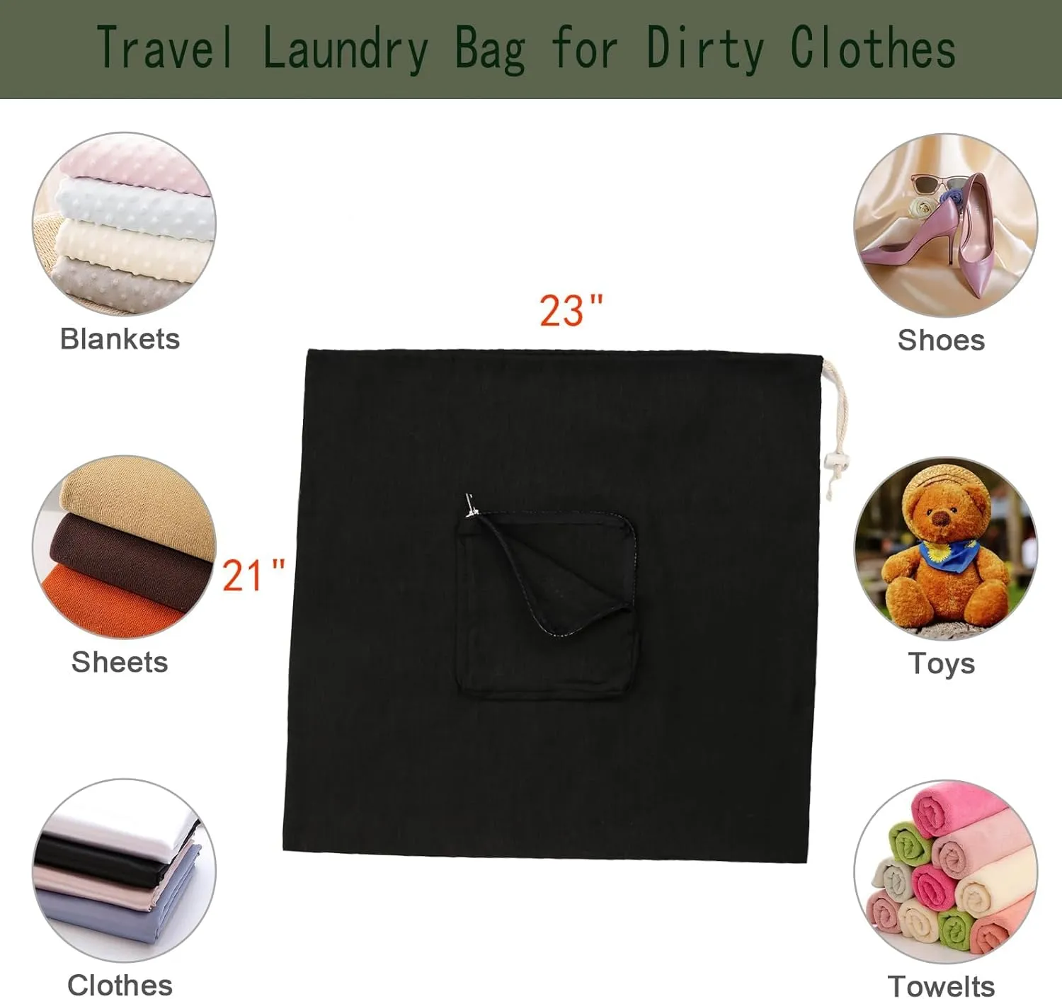 100% Linen 21 * 23inches Travel Laundry Bag for Dirty Clothes with Front Pocket Wet Wash Bag for Baby Kids Underwear Suitcase Luggage Baby Strap to Stroller Compression Necessities, Black