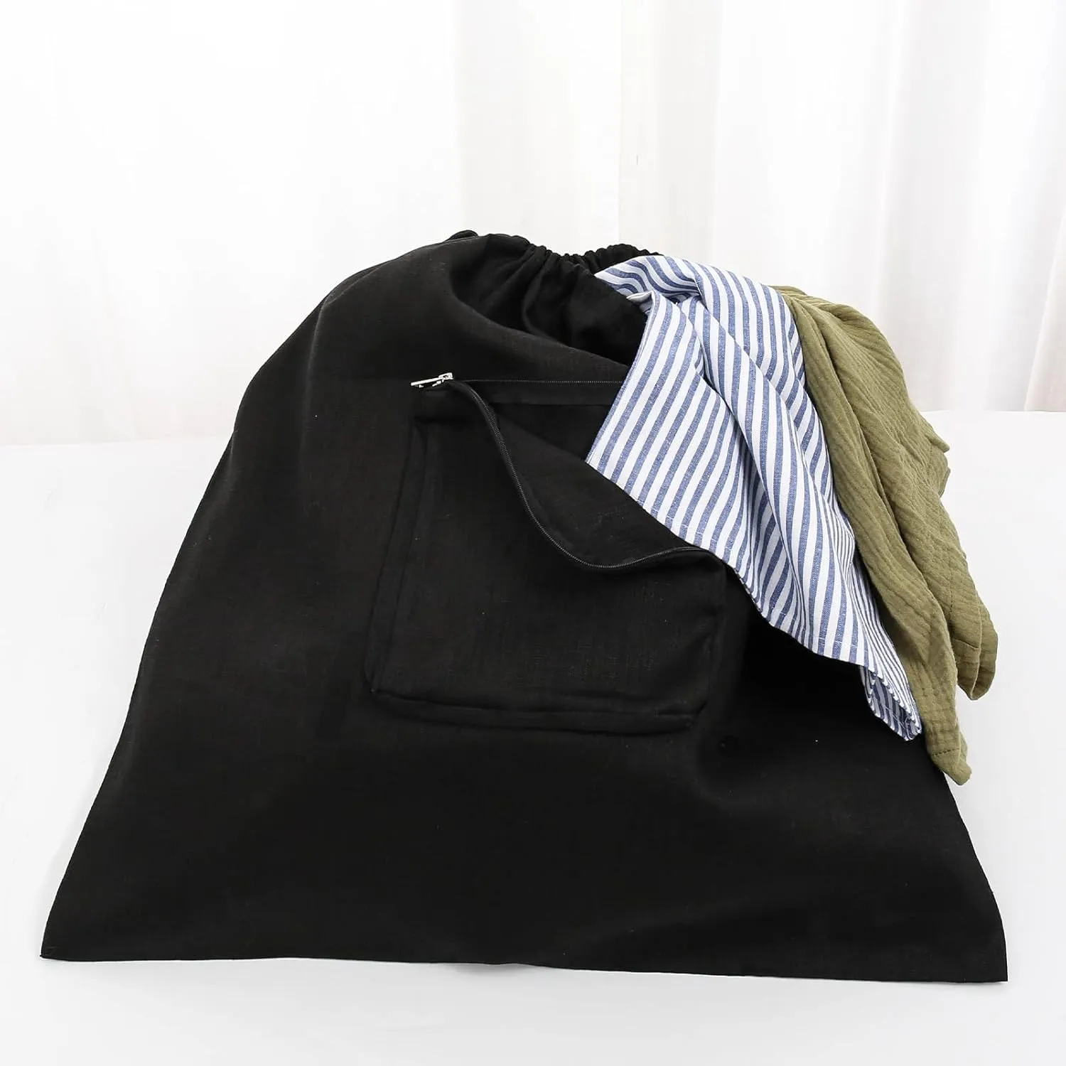 100% Linen 21 * 23inches Travel Laundry Bag for Dirty Clothes with Front Pocket Wet Wash Bag for Baby Kids Underwear Suitcase Luggage Baby Strap to Stroller Compression Necessities, Black