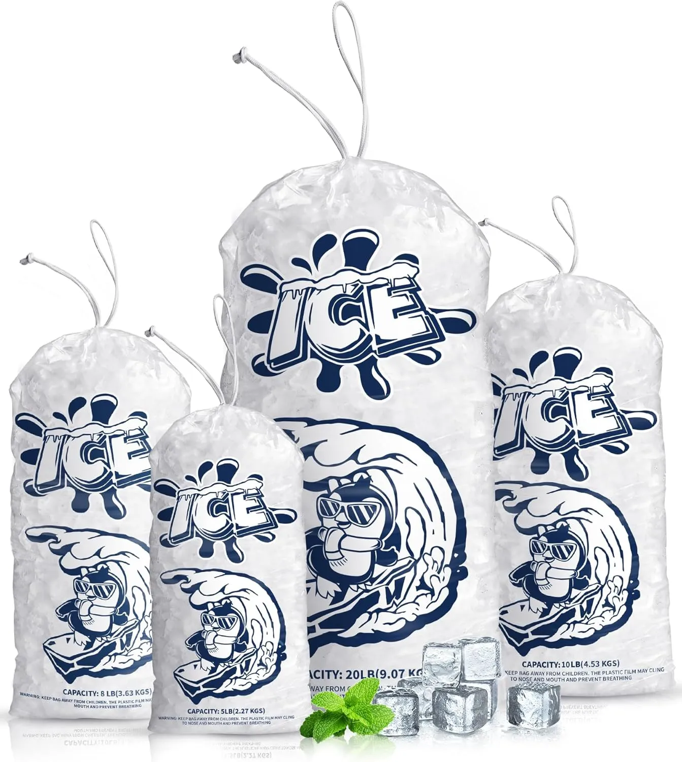 100 Pack 8lb Plastic Ice Bags with Drawstring,19 x 11 inch with Heavy-Duty and Portable Storage Ice Bags (2 Mils Thickness)