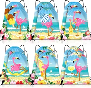 12 Pcs Flamingo Drawstring Backpack for Kids Luau Flamingo Party Supplies Hawaiian Kids Beach Bag Flamingo Goodie Bags Flamingo Gifts Flamingo Party Favor for Summer Birthday Baby Shower Pool Supply