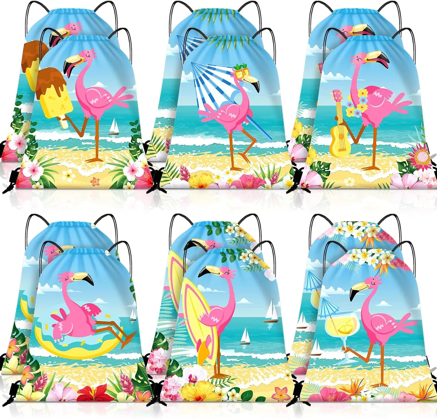 12 Pcs Flamingo Drawstring Backpack for Kids Luau Flamingo Party Supplies Hawaiian Kids Beach Bag Flamingo Goodie Bags Flamingo Gifts Flamingo Party Favor for Summer Birthday Baby Shower Pool Supply
