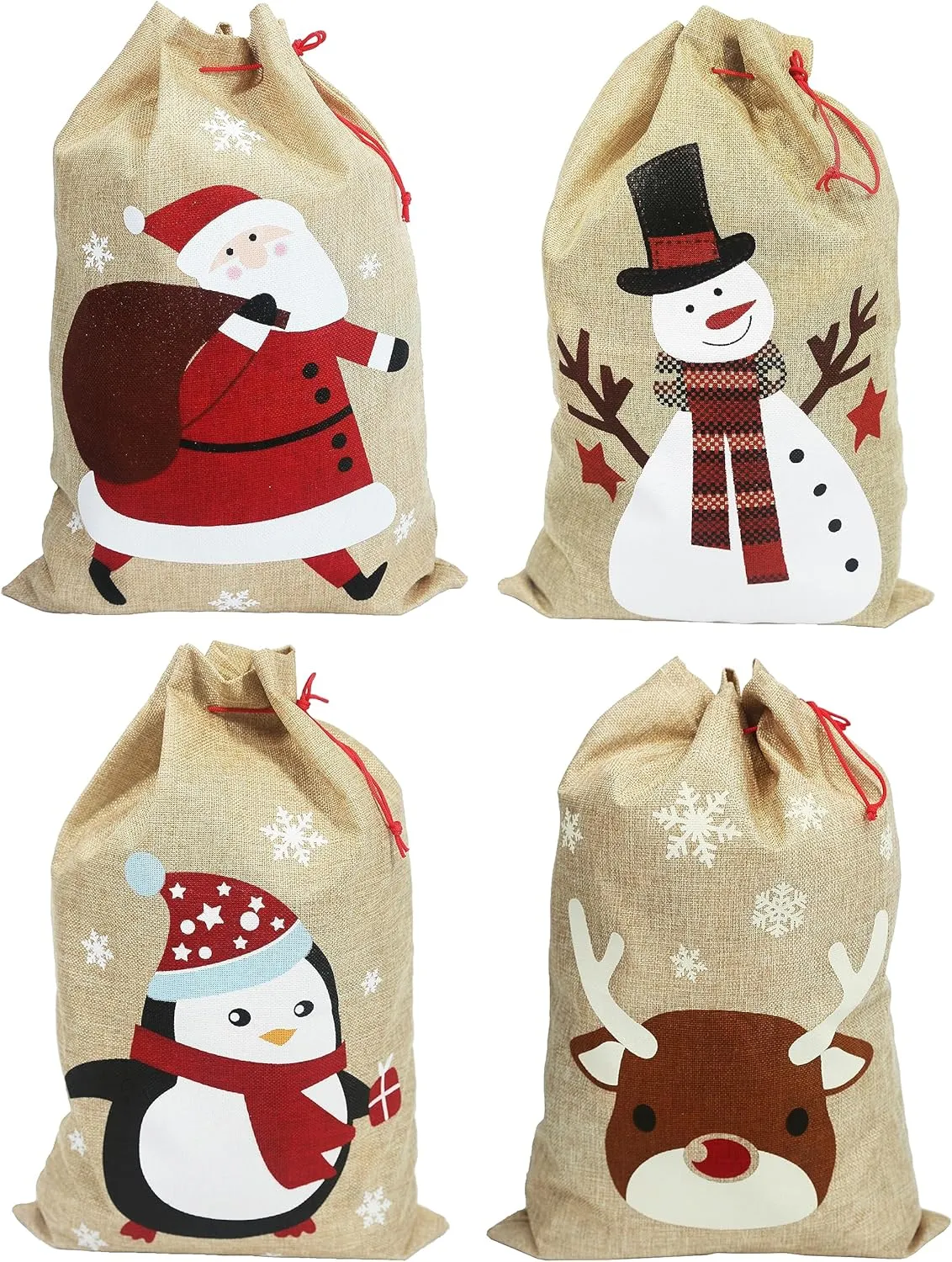 13.8'' x 19.7'' Christmas Medium Sacks – 4pcs Christmas Hessian Linen Drawstring Goody Gift Bags. 4 Designs: Santa, Snowman, Reindeer, Penguin. Pack of 4.