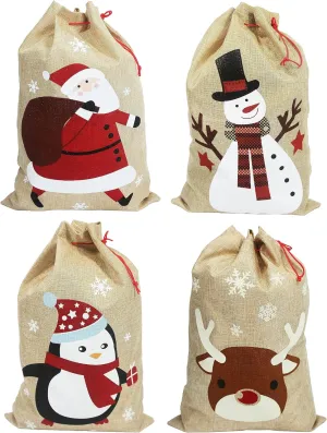 13.8'' x 19.7'' Christmas Medium Sacks – 4pcs Christmas Hessian Linen Drawstring Goody Gift Bags. 4 Designs: Santa, Snowman, Reindeer, Penguin. Pack of 4.