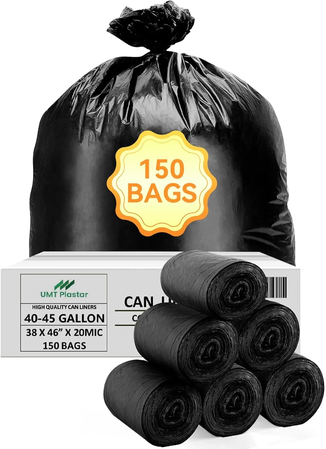 150 Count Heavy Duty Black Trash Bags, 40-45 Gallon, 38x46 Inches, 20 Micron Thick Large Garbage Bags
