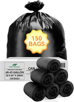 150 Count Heavy Duty Black Trash Bags, 40-45 Gallon, 38x46 Inches, 20 Micron Thick Large Garbage Bags