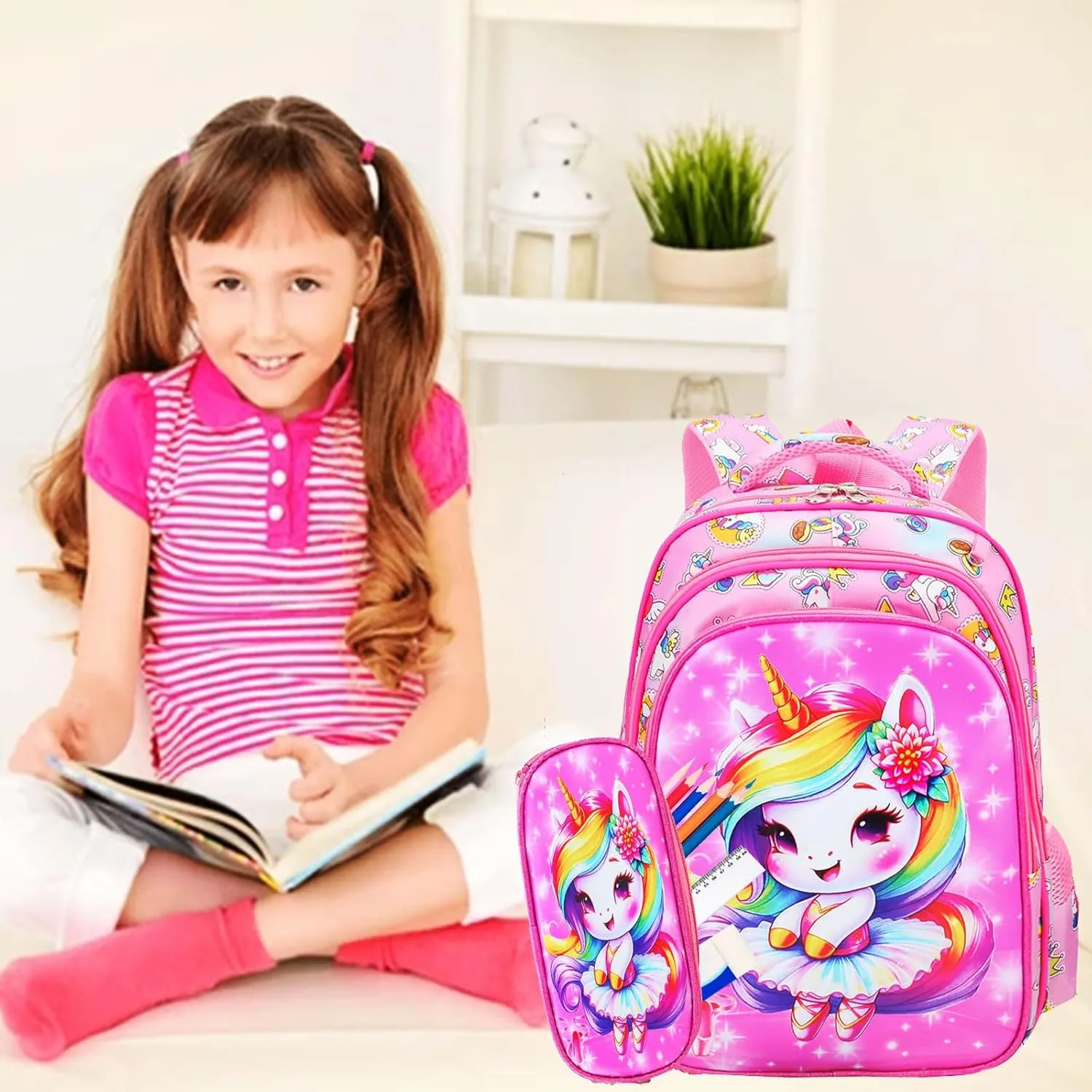 16 Inch Cartoon Resistant Preschool Bookbags, 3PCS Kids Backpack for Girls with Lunch Box, Cute Elementary School Backpacks for Kindergarten Toddler Travel