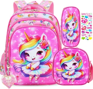 16 Inch Cartoon Resistant Preschool Bookbags, 3PCS Kids Backpack for Girls with Lunch Box, Cute Elementary School Backpacks for Kindergarten Toddler Travel