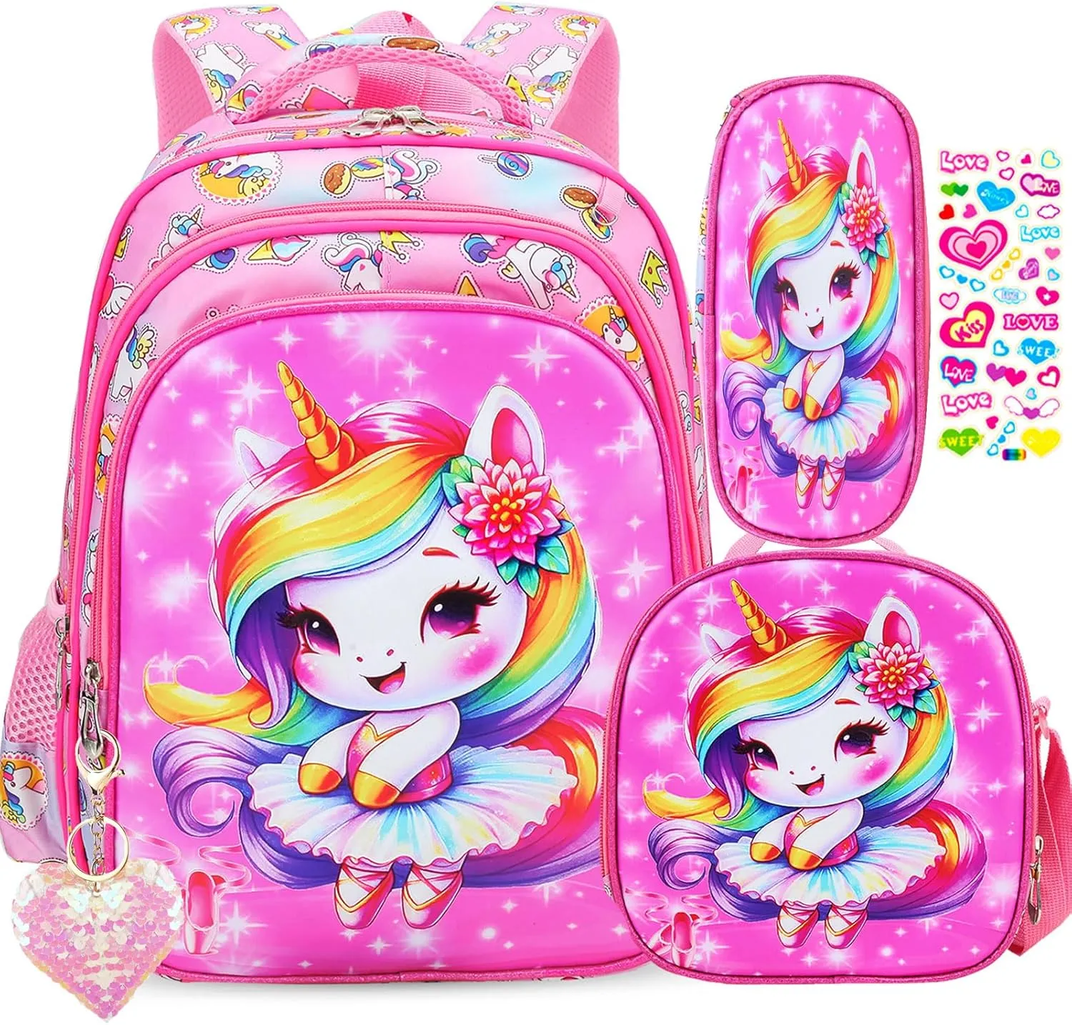 16 Inch Cartoon Resistant Preschool Bookbags, 3PCS Kids Backpack for Girls with Lunch Box, Cute Elementary School Backpacks for Kindergarten Toddler Travel