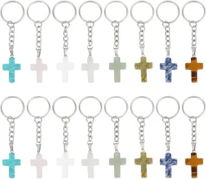 16 Pcs 8 Styles Gemstone Cross Keychain, Natural Crystals Stones Charm Pendants Cross Ornament Keychain with Split Key Ring for Car Key Bag Easter Decoration