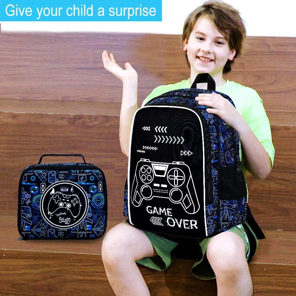 17 Inch Glow in The Dark Backpack, 3Pcs Gamer Bookbag for Boys With Lunch Box, School Laptop Backpacks Set For Teens(Blue)
