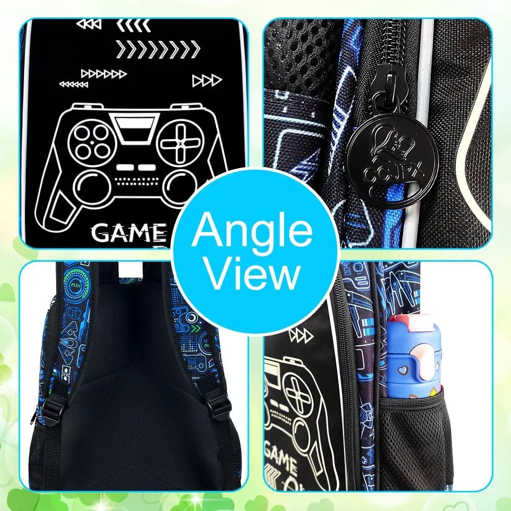 17 Inch Glow in The Dark Backpack, 3Pcs Gamer Bookbag for Boys With Lunch Box, School Laptop Backpacks Set For Teens(Blue)