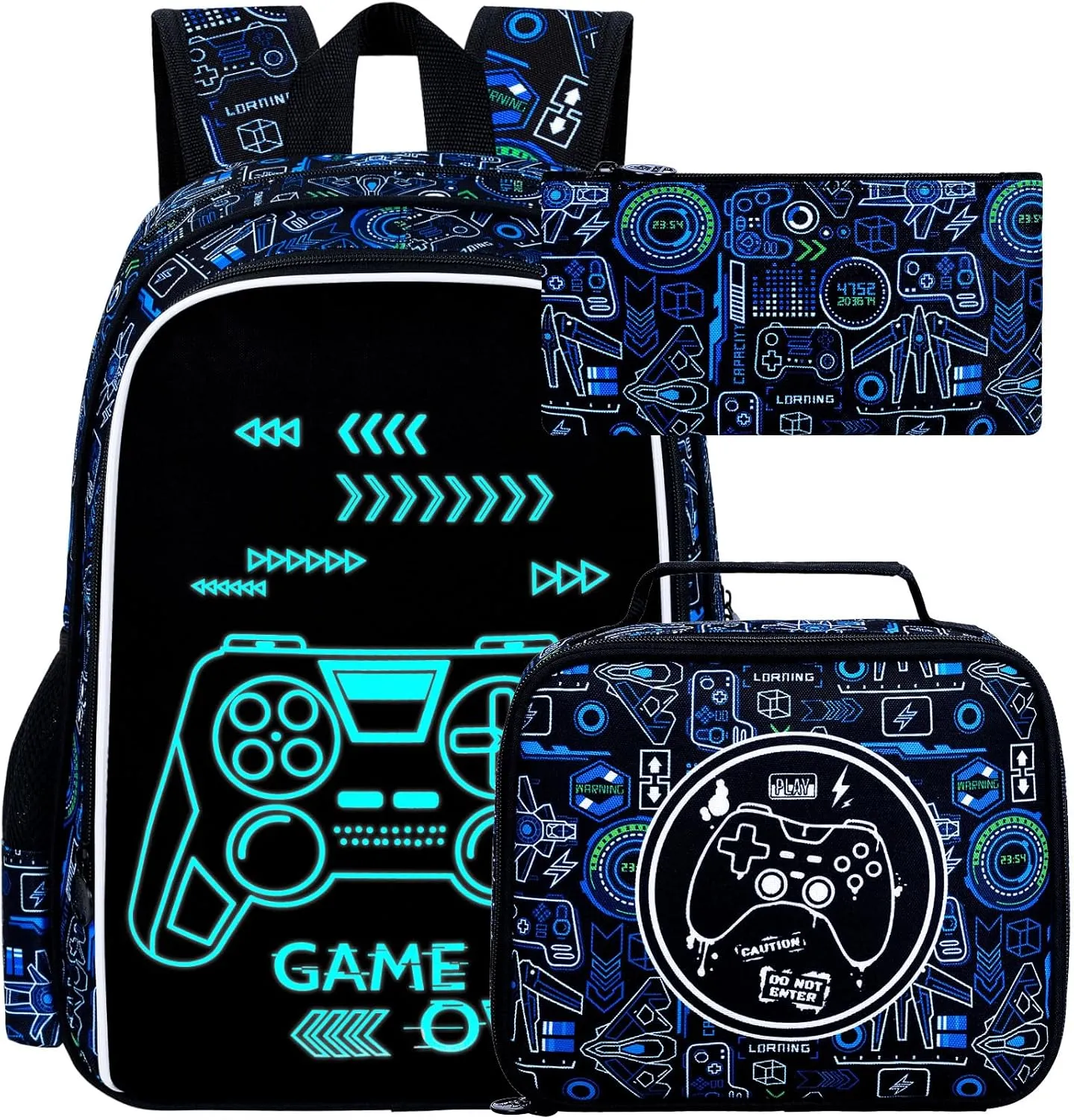 17 Inch Glow in The Dark Backpack, 3Pcs Gamer Bookbag for Boys With Lunch Box, School Laptop Backpacks Set For Teens(Blue)