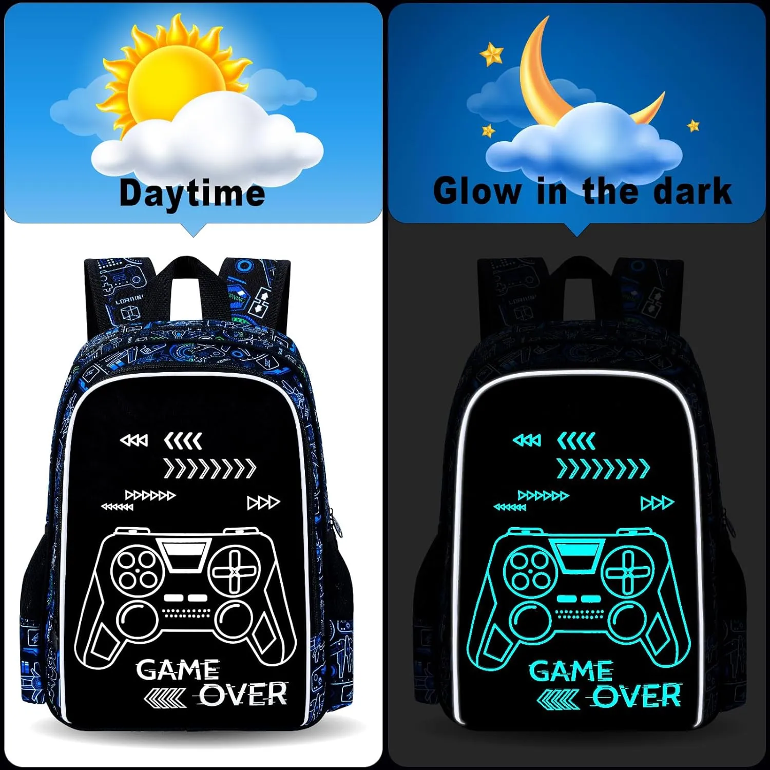 17 Inch Glow in The Dark Backpack, 3Pcs Gamer Bookbag for Boys With Lunch Box, School Laptop Backpacks Set For Teens(Blue)