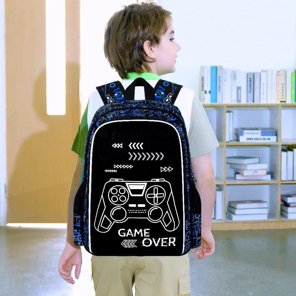 17 Inch Glow in The Dark Backpack, 3Pcs Gamer Bookbag for Boys With Lunch Box, School Laptop Backpacks Set For Teens(Blue)
