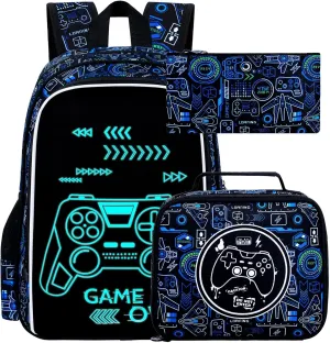 17 Inch Glow in The Dark Backpack, 3Pcs Gamer Bookbag for Boys With Lunch Box, School Laptop Backpacks Set For Teens(Blue)