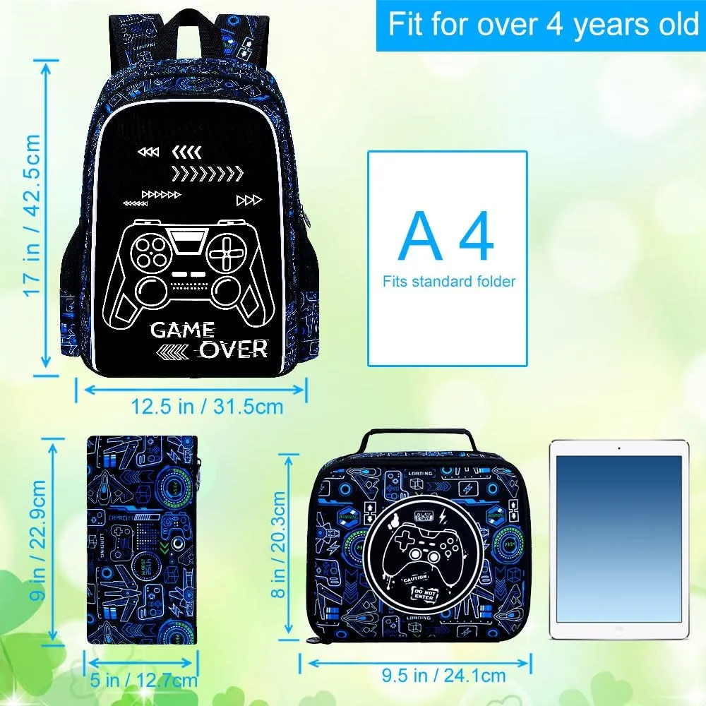 17 Inch Glow in The Dark Backpack, 3Pcs Gamer Bookbag for Boys With Lunch Box, School Laptop Backpacks Set For Teens(Blue)