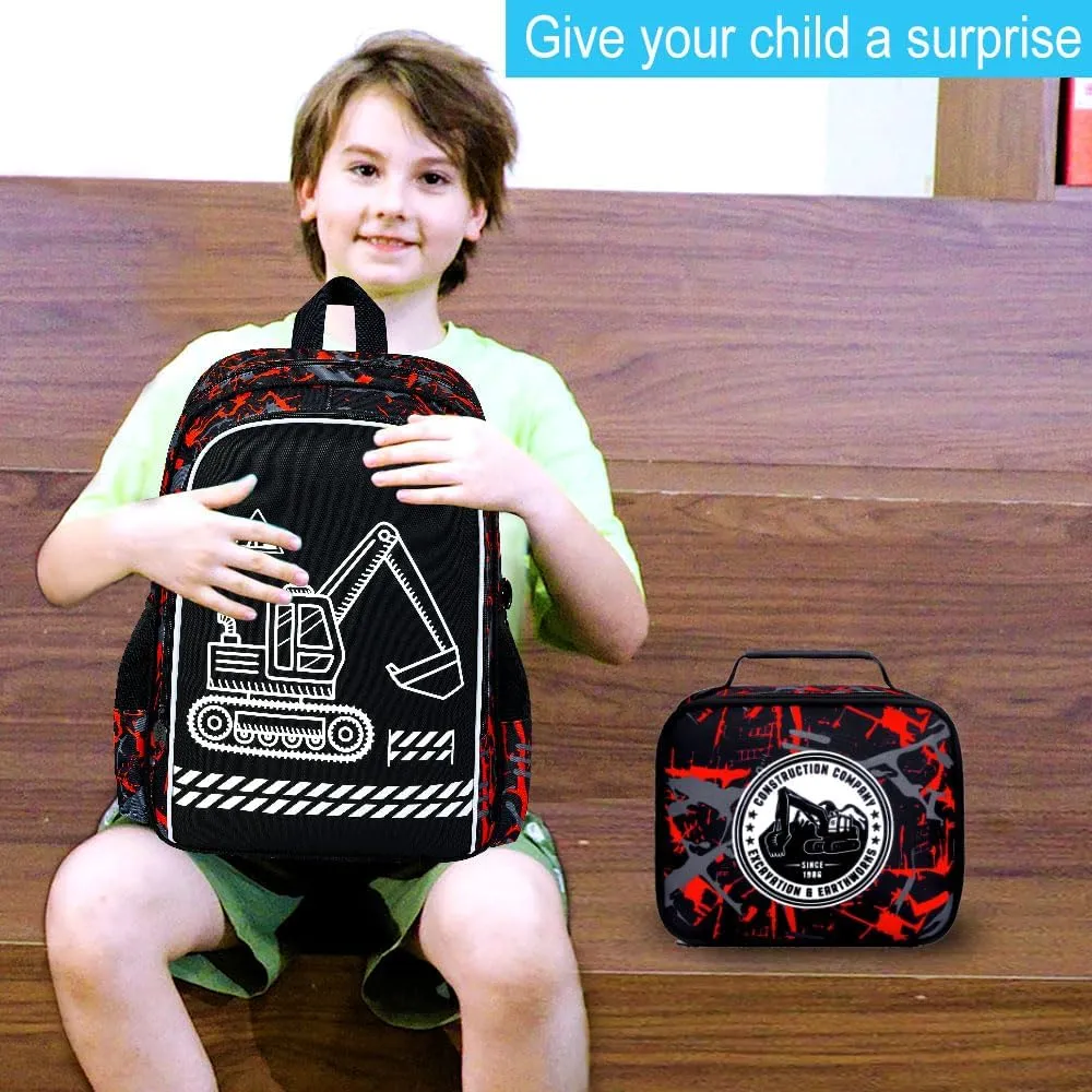 17 Inches Glow in The Dark Excavator Backpack for Boys, 3Pcs Digger School Bookbag Set for Teens, Laptop Backpacks with Lunch Bag(Red)