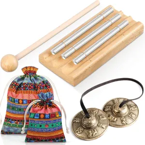 2 Sets Meditation Instruments Include Tibetan Tingsha Cymbals and Three Tone Chime Bell with Drumstick Tibetan Drawstring Cloth Bag for Percussion Yoga Prayer Teacher Classroom Gift