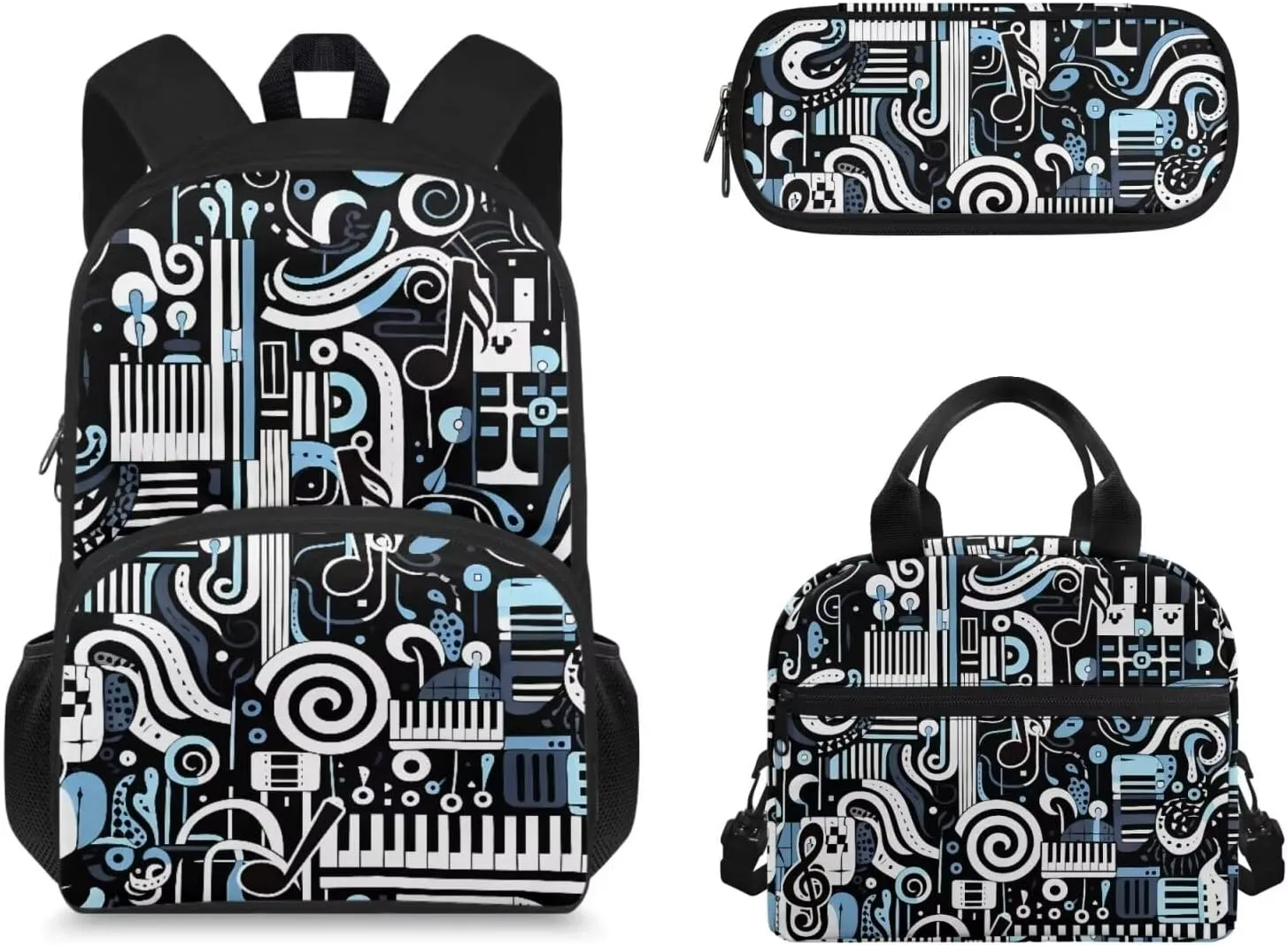 3 Pieces Piano Music Notation 15 inch Sturdy School Bag Kids Backpack Set-with Waterproof Lunch Bag and Portable Pencil Box Supplies for Boys Teens Festival Gift