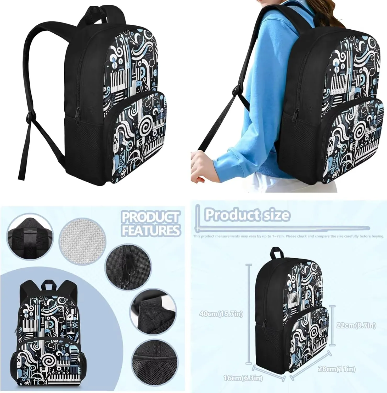 3 Pieces Piano Music Notation 15 inch Sturdy School Bag Kids Backpack Set-with Waterproof Lunch Bag and Portable Pencil Box Supplies for Boys Teens Festival Gift