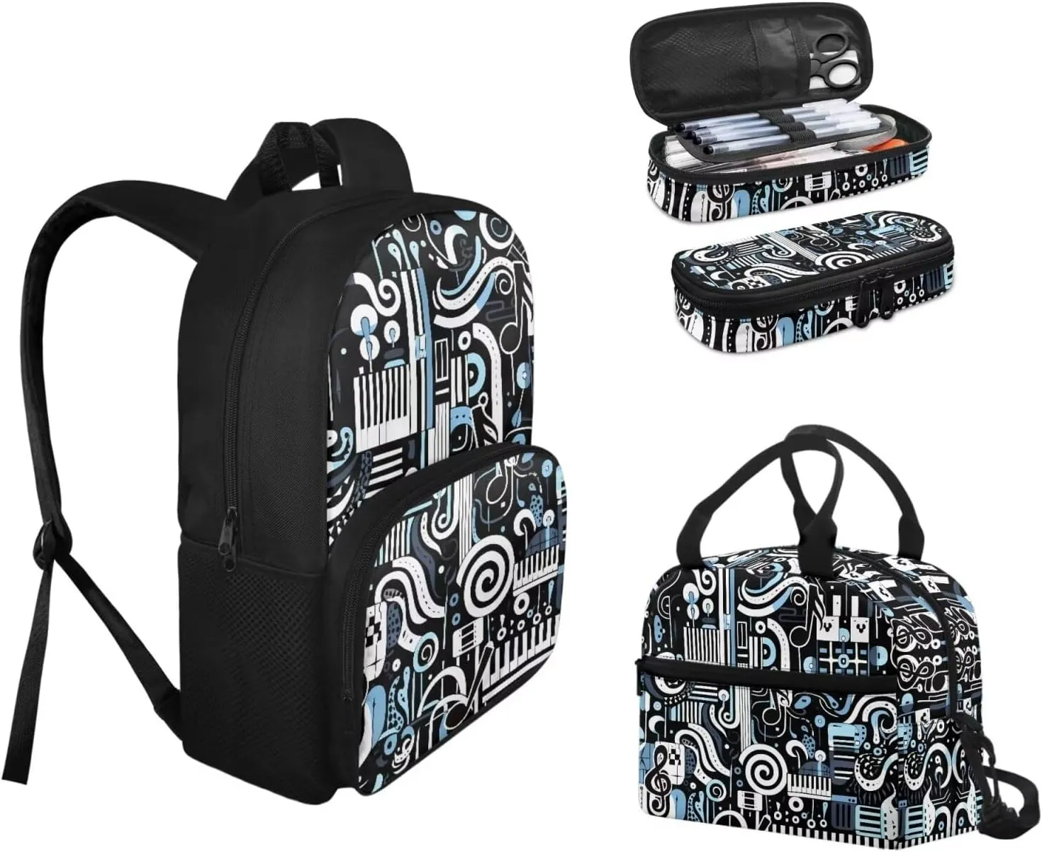 3 Pieces Piano Music Notation 15 inch Sturdy School Bag Kids Backpack Set-with Waterproof Lunch Bag and Portable Pencil Box Supplies for Boys Teens Festival Gift
