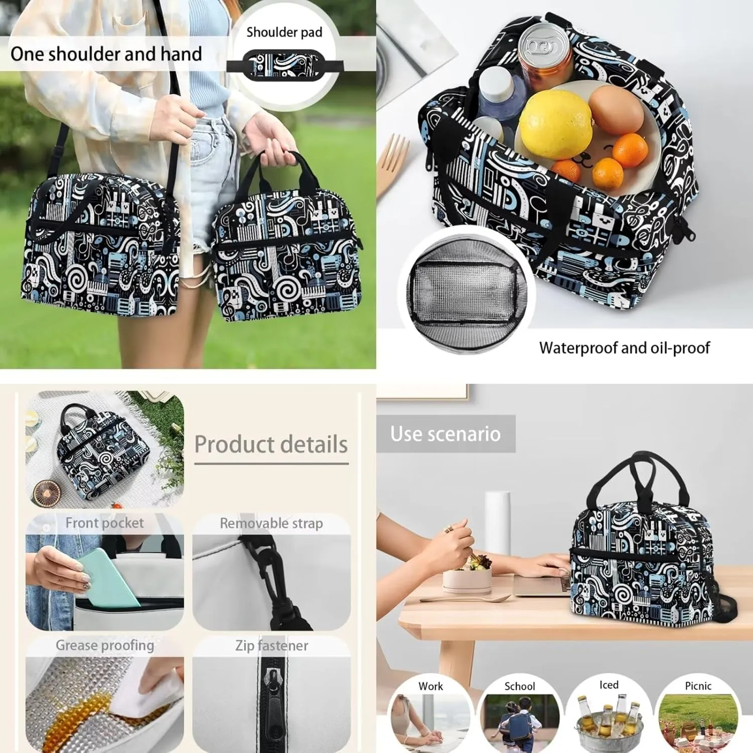 3 Pieces Piano Music Notation 15 inch Sturdy School Bag Kids Backpack Set-with Waterproof Lunch Bag and Portable Pencil Box Supplies for Boys Teens Festival Gift