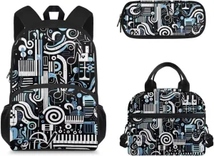 3 Pieces Piano Music Notation 15 inch Sturdy School Bag Kids Backpack Set-with Waterproof Lunch Bag and Portable Pencil Box Supplies for Boys Teens Festival Gift