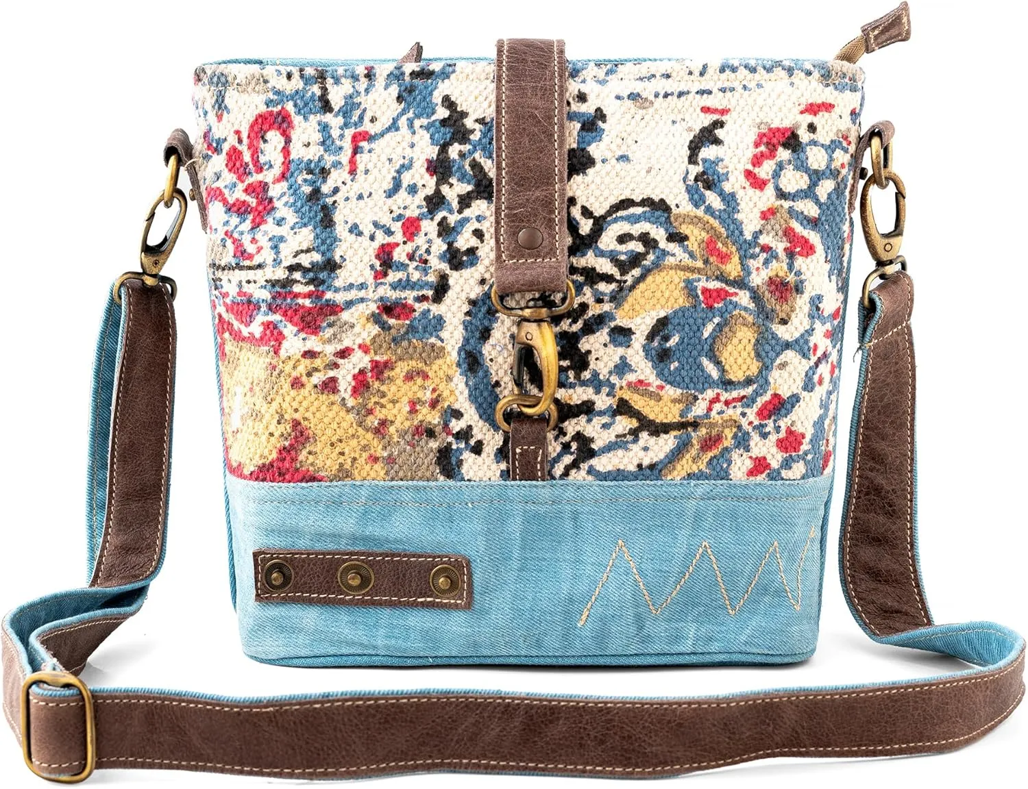 3B SHOUZO Messenger and Shoulder Bag - Blue Denim Shoulder Bag | Upcycled Vintage Canvas & Leather | Comes with 2 Different Straps
