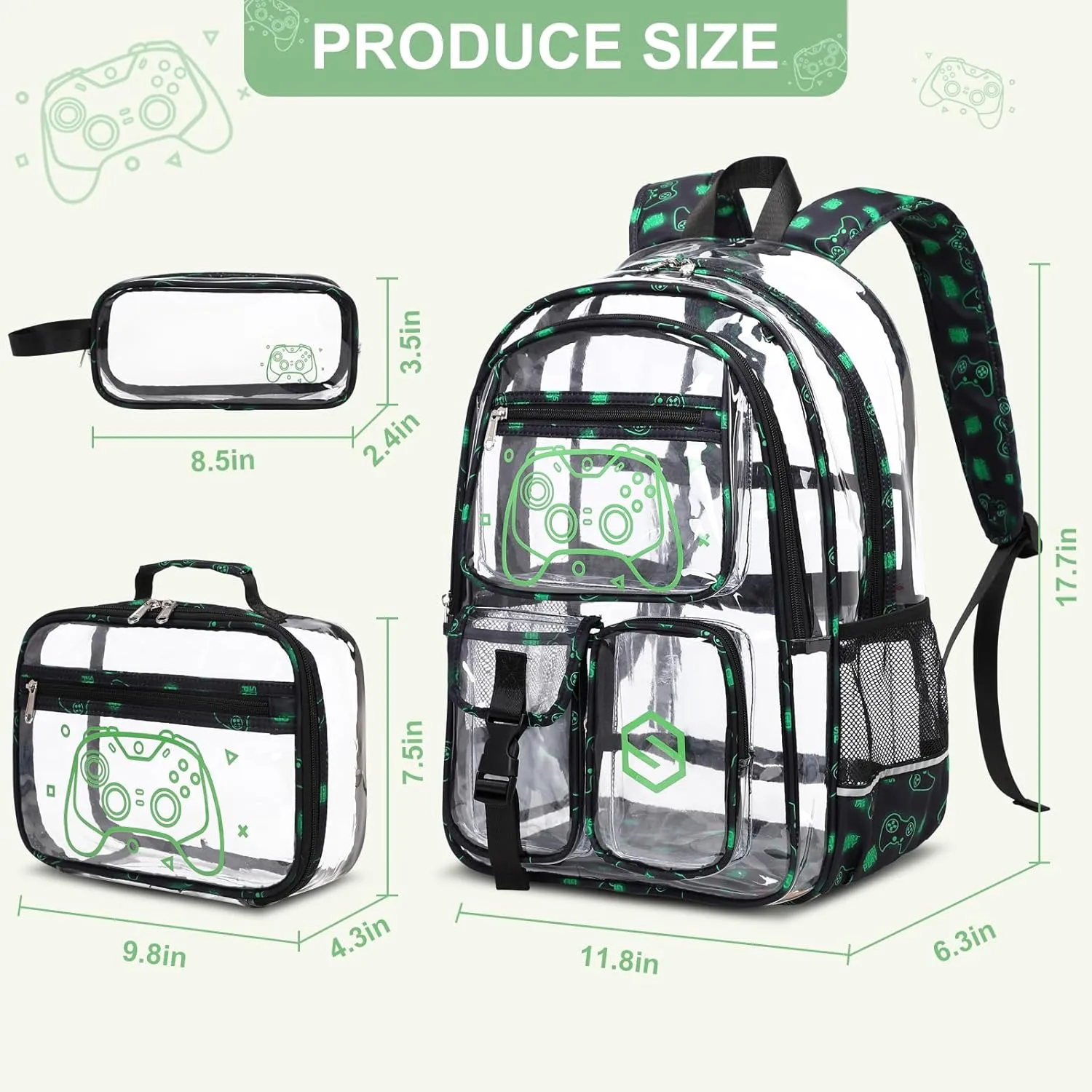 3PCS Cool Luminous Clear Backpack for Boys Kids, Gamer Clear Bookbag for School, See Through PVC Transparent Backpacks with Lunch Bag Pencil Case, Clear Backpack Heavy Duty for School Stadium