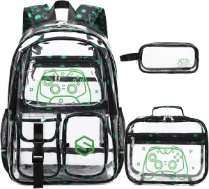 3PCS Cool Luminous Clear Backpack for Boys Kids, Gamer Clear Bookbag for School, See Through PVC Transparent Backpacks with Lunch Bag Pencil Case, Clear Backpack Heavy Duty for School Stadium