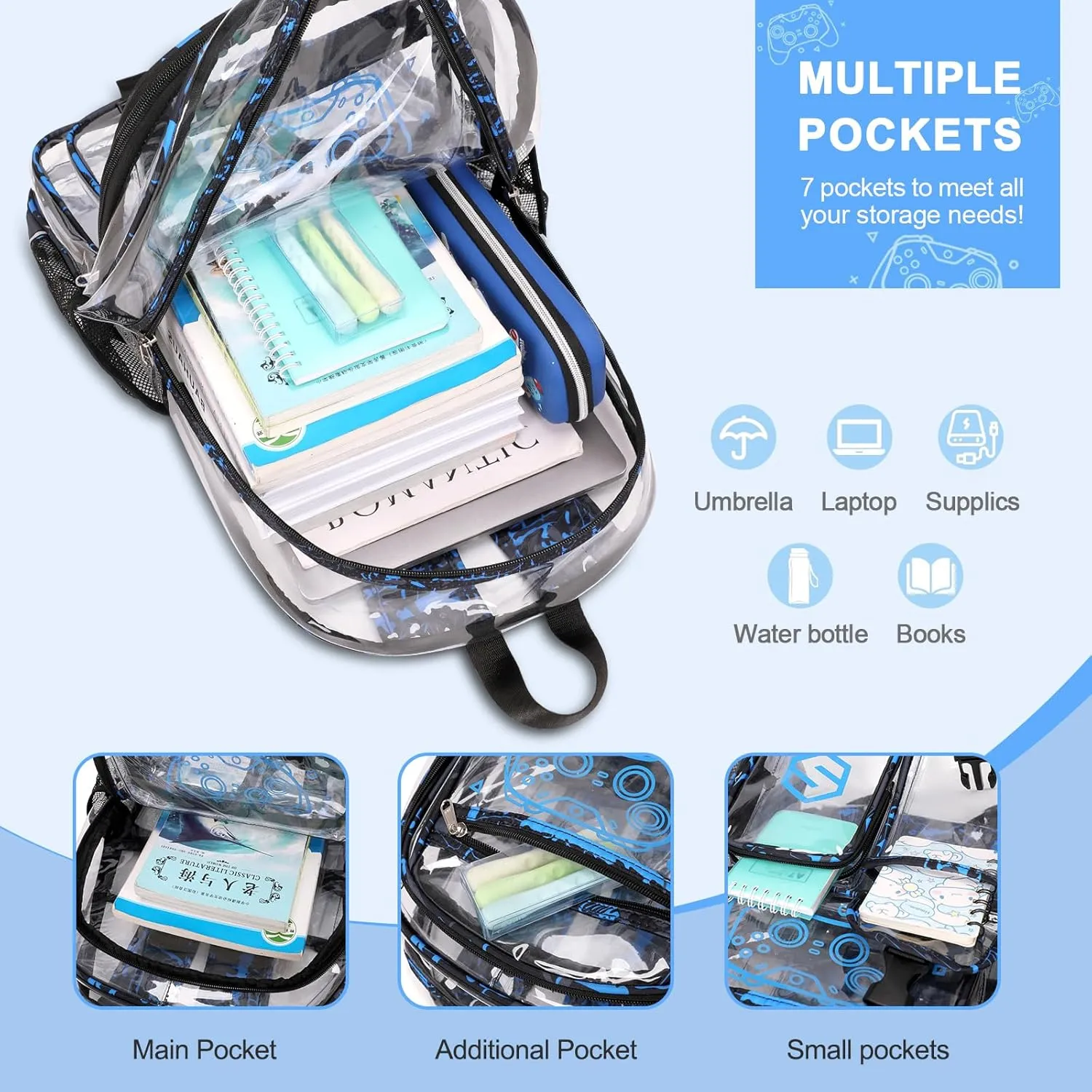 3PCS Cool Luminous Clear Backpack for Boys Kids, Gamer Clear Bookbag for School, See Through PVC Transparent Backpacks with Lunch Bag Pencil Case, Clear Backpack Heavy Duty for School Stadium