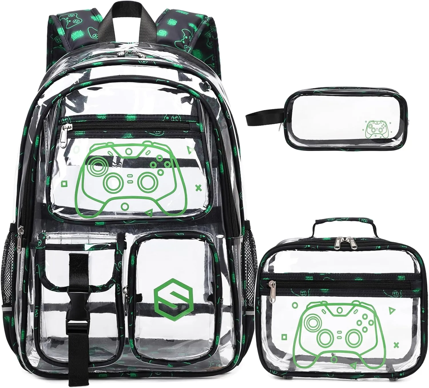 3PCS Cool Luminous Clear Backpack for Boys Kids, Gamer Clear Bookbag for School, See Through PVC Transparent Backpacks with Lunch Bag Pencil Case, Clear Backpack Heavy Duty for School Stadium