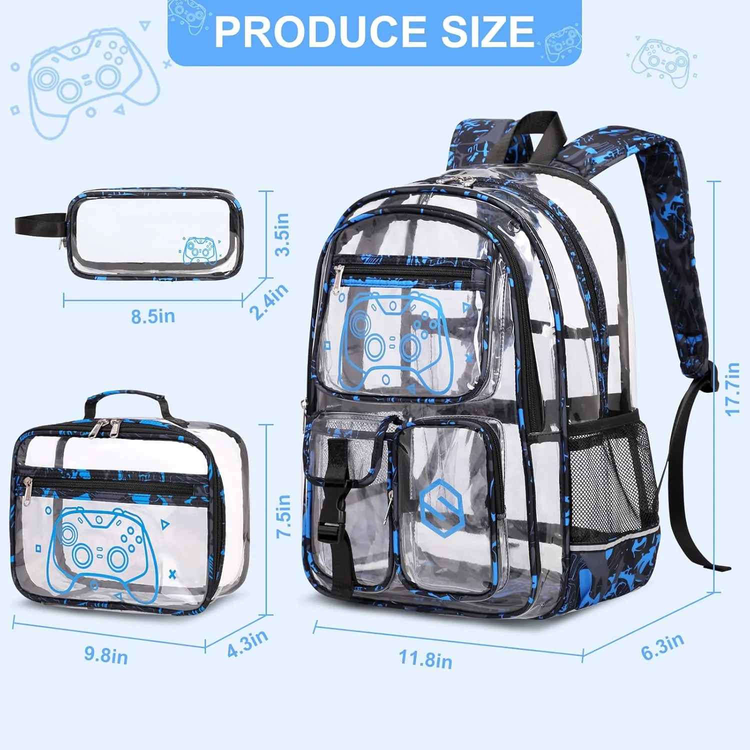 3PCS Cool Luminous Clear Backpack for Boys Kids, Gamer Clear Bookbag for School, See Through PVC Transparent Backpacks with Lunch Bag Pencil Case, Clear Backpack Heavy Duty for School Stadium