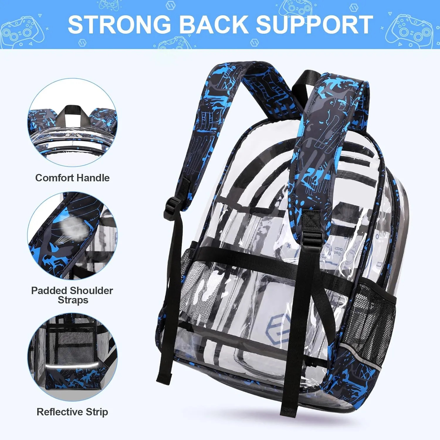 3PCS Cool Luminous Clear Backpack for Boys Kids, Gamer Clear Bookbag for School, See Through PVC Transparent Backpacks with Lunch Bag Pencil Case, Clear Backpack Heavy Duty for School Stadium