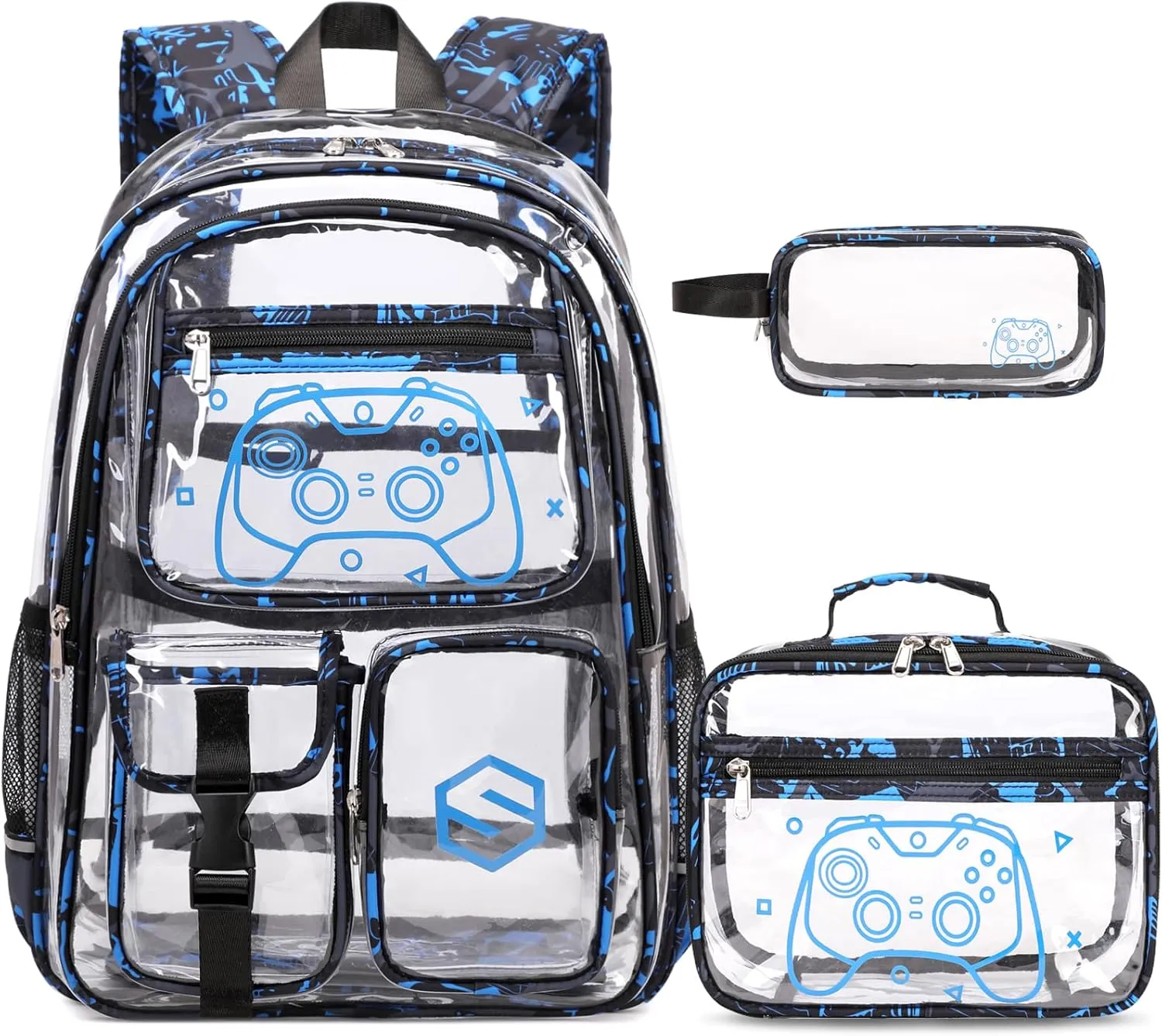 3PCS Cool Luminous Clear Backpack for Boys Kids, Gamer Clear Bookbag for School, See Through PVC Transparent Backpacks with Lunch Bag Pencil Case, Clear Backpack Heavy Duty for School Stadium
