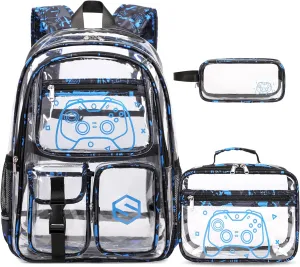3PCS Cool Luminous Clear Backpack for Boys Kids, Gamer Clear Bookbag for School, See Through PVC Transparent Backpacks with Lunch Bag Pencil Case, Clear Backpack Heavy Duty for School Stadium