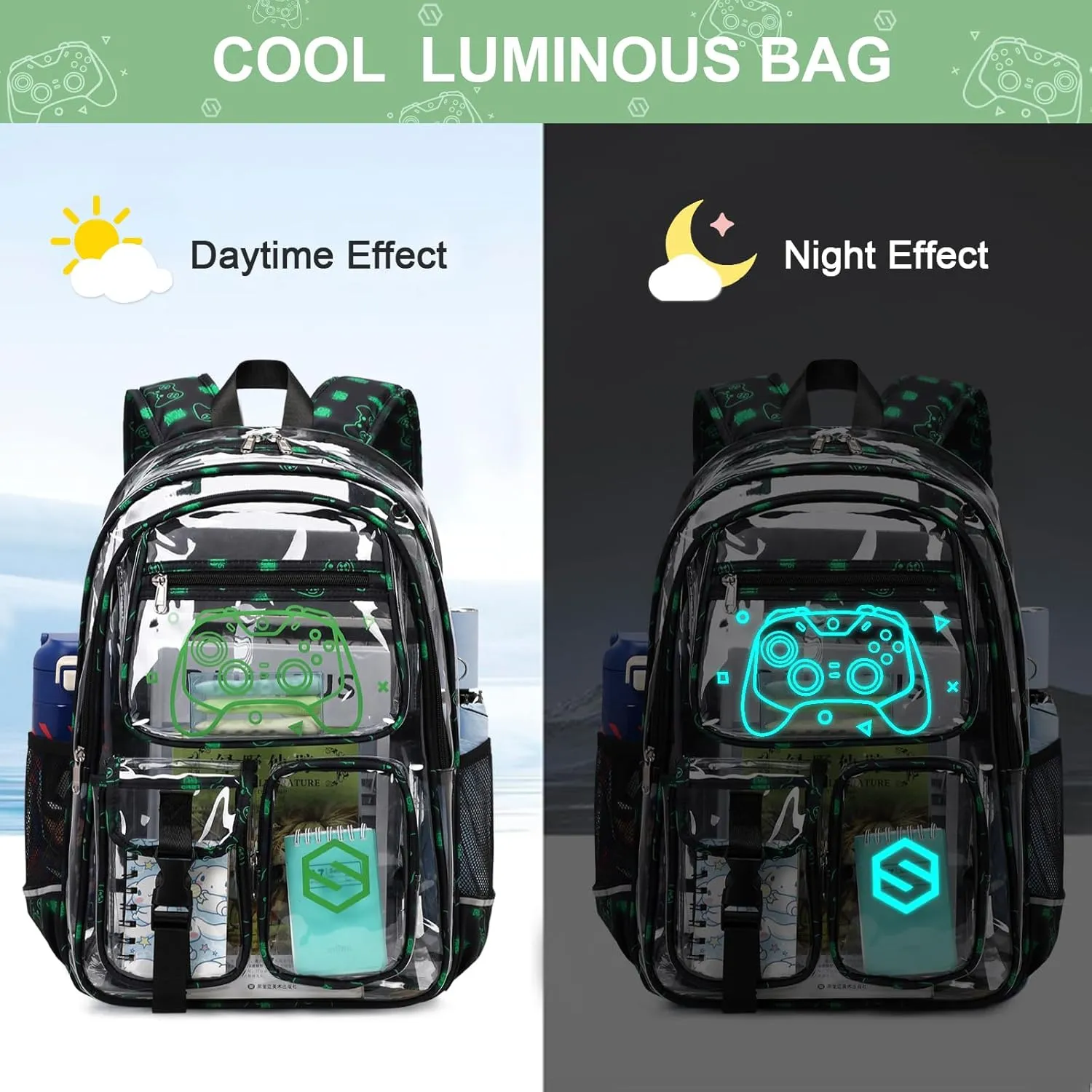 3PCS Cool Luminous Clear Backpack for Boys Kids, Gamer Clear Bookbag for School, See Through PVC Transparent Backpacks with Lunch Bag Pencil Case, Clear Backpack Heavy Duty for School Stadium