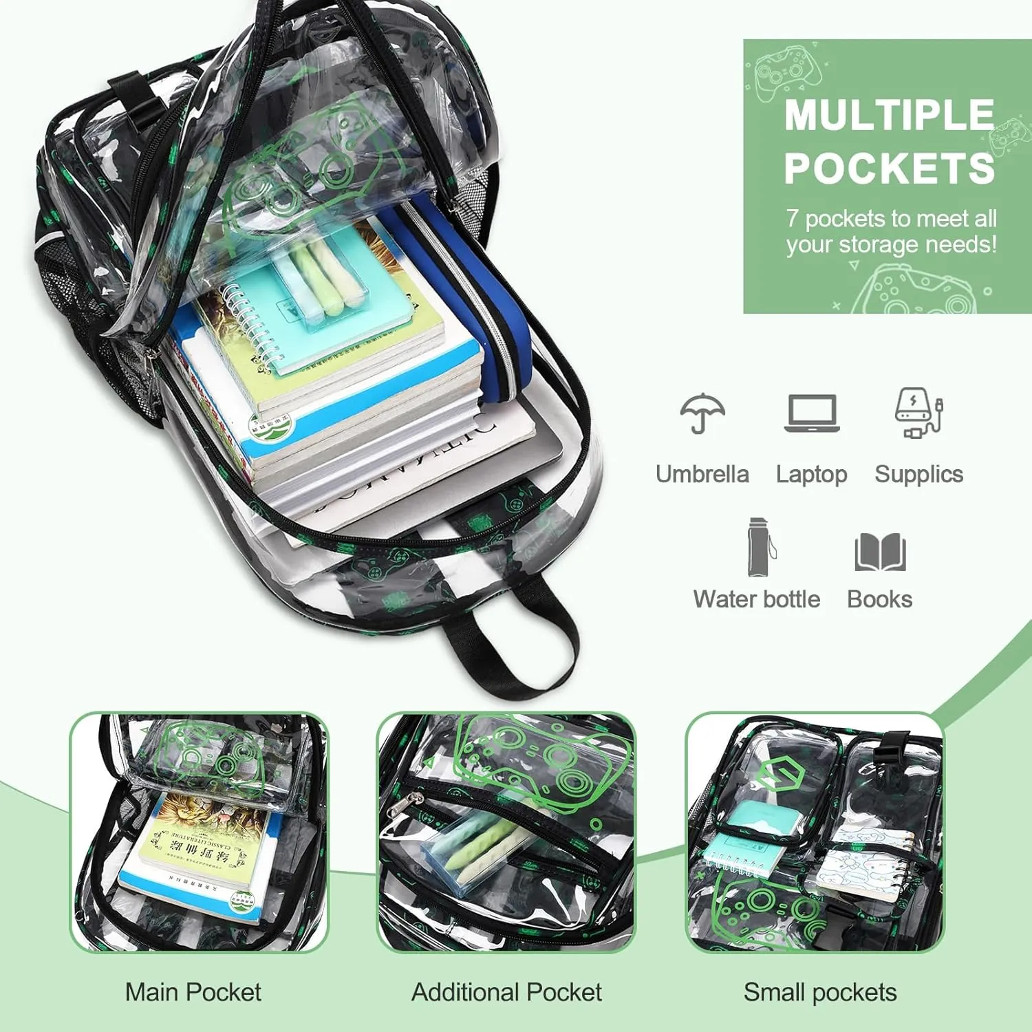 3PCS Cool Luminous Clear Backpack for Boys Kids, Gamer Clear Bookbag for School, See Through PVC Transparent Backpacks with Lunch Bag Pencil Case, Clear Backpack Heavy Duty for School Stadium