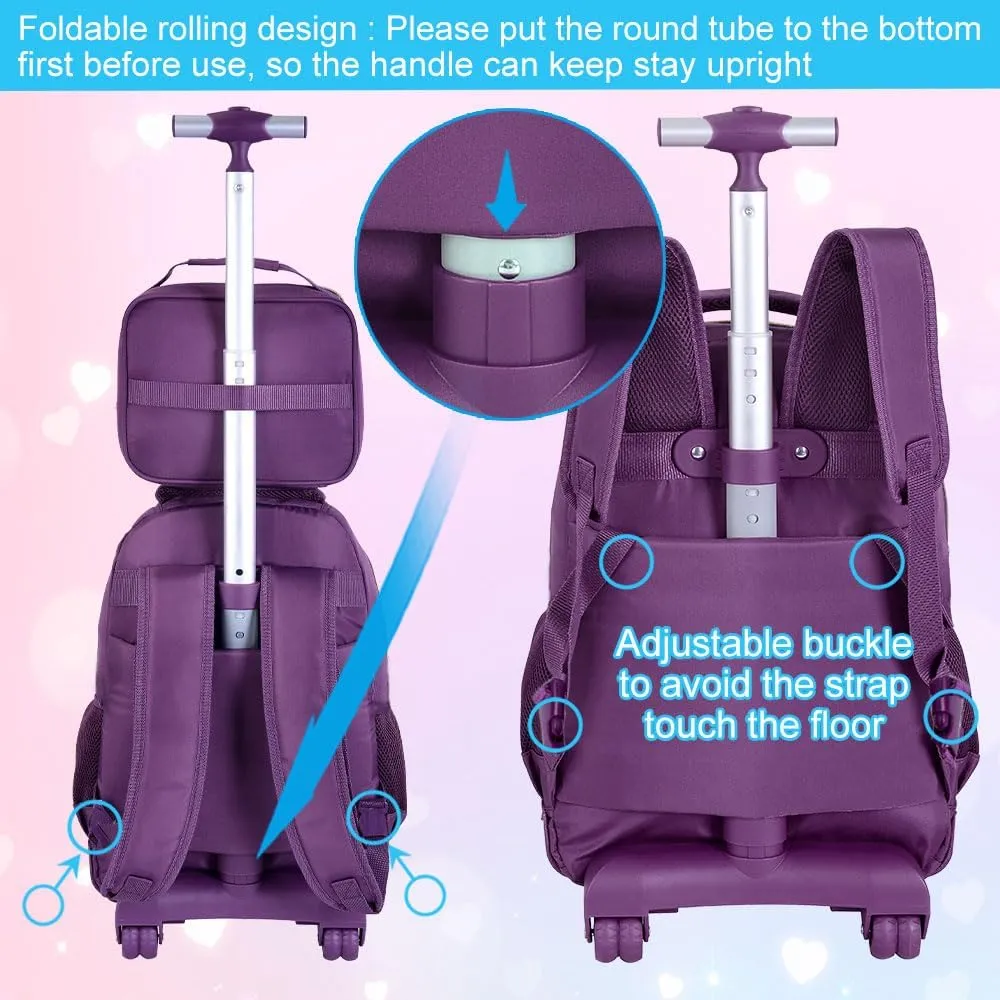 3PCS Girls Rolling Backpack, Womens Dark Purple School Backpacks with Wheels, Water Resistant Roller Kids Wheeled Bookbag Set