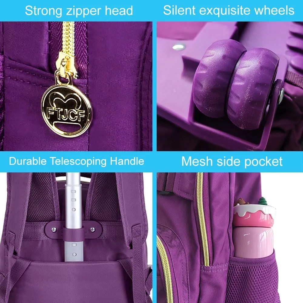 3PCS Girls Rolling Backpack, Womens Dark Purple School Backpacks with Wheels, Water Resistant Roller Kids Wheeled Bookbag Set