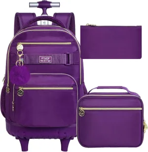 3PCS Girls Rolling Backpack, Womens Dark Purple School Backpacks with Wheels, Water Resistant Roller Kids Wheeled Bookbag Set