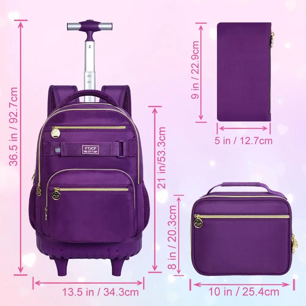 3PCS Girls Rolling Backpack, Womens Dark Purple School Backpacks with Wheels, Water Resistant Roller Kids Wheeled Bookbag Set