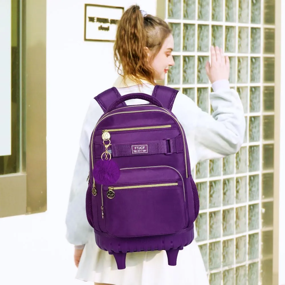 3PCS Girls Rolling Backpack, Womens Dark Purple School Backpacks with Wheels, Water Resistant Roller Kids Wheeled Bookbag Set