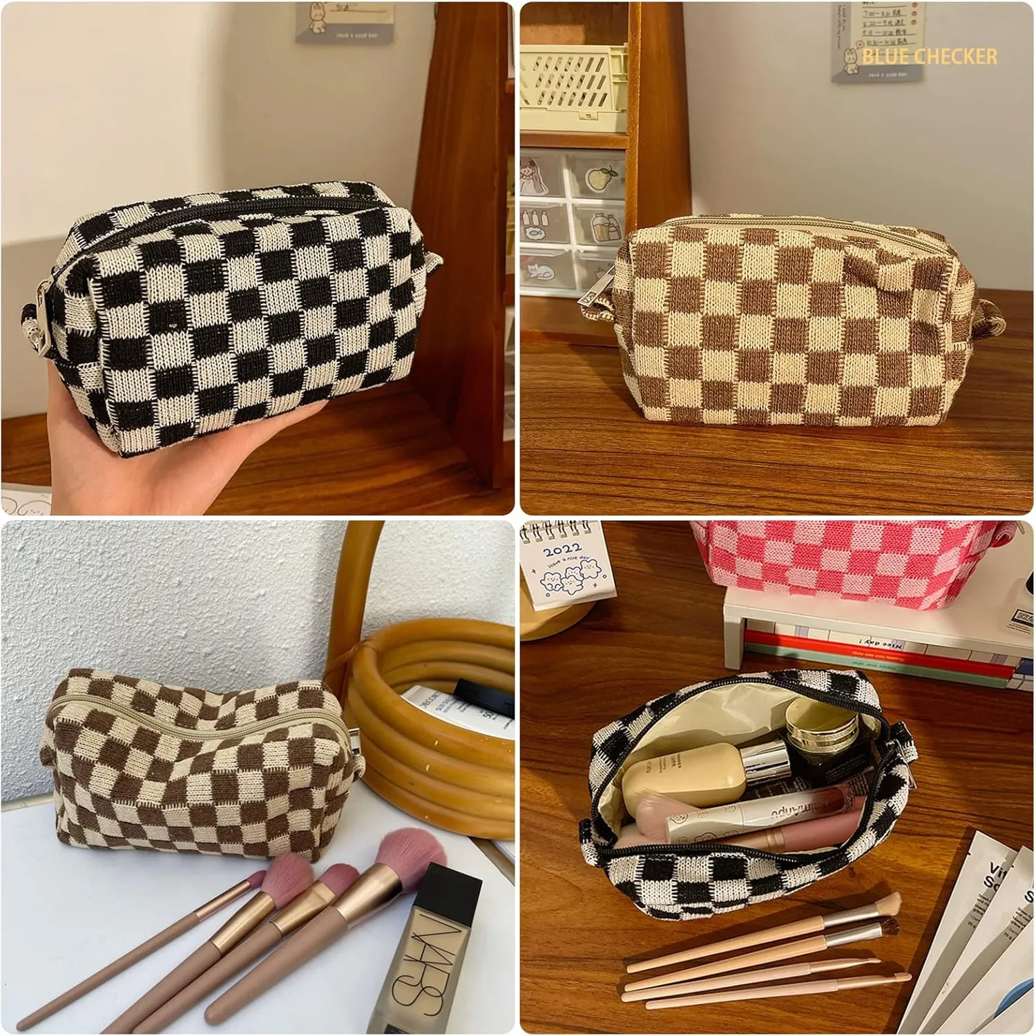 4pcs Checkered Makeup Bag Cosmetic Bag for Women, Y2k Accessories Aesthetic Plaid Makeup Bag for Women, Large Capacity Pencil Case Makeup Brushes Storage Bag Travel Toiletry Bag Organizer