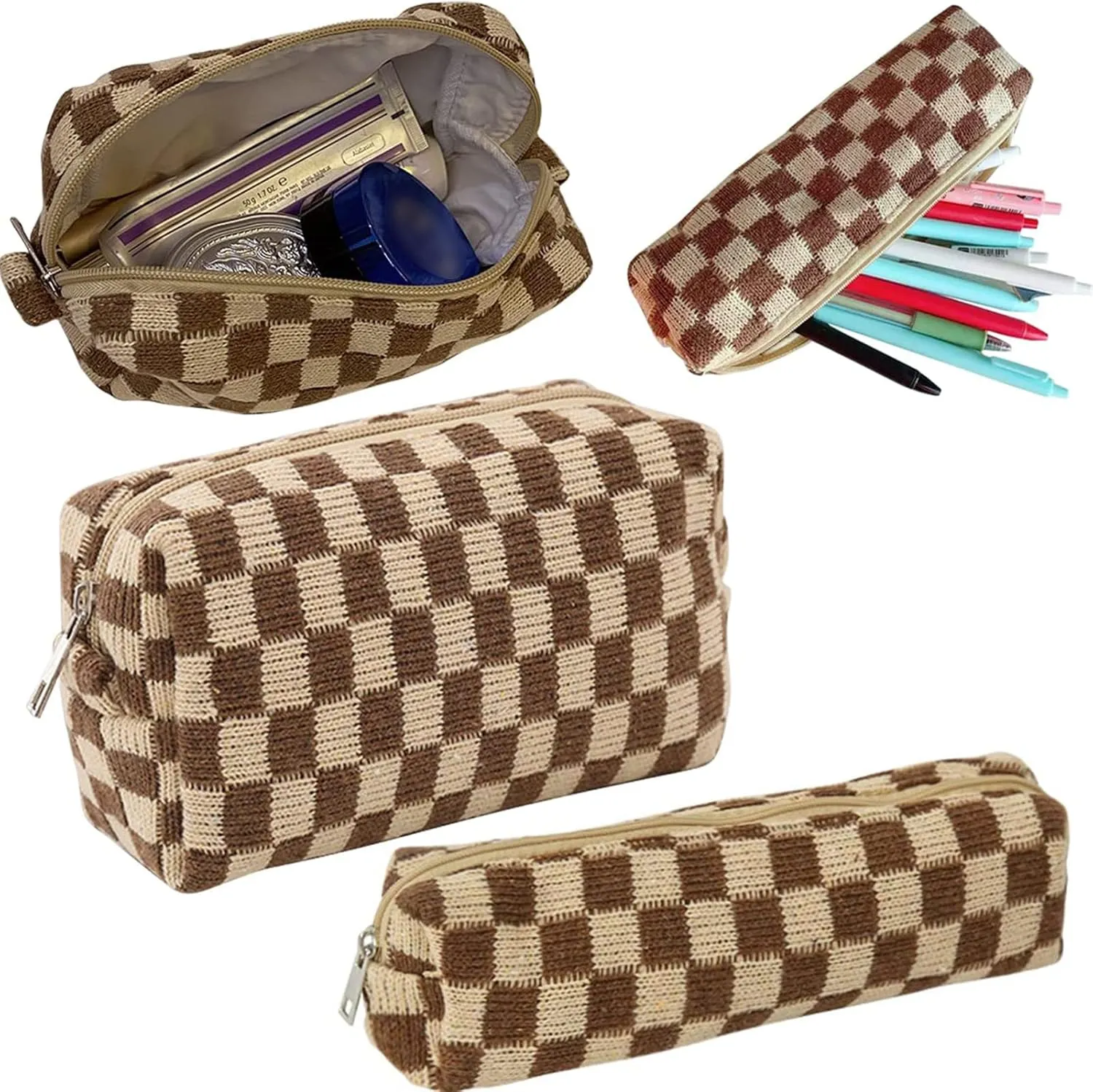 4pcs Checkered Makeup Bag Cosmetic Bag for Women, Y2k Accessories Aesthetic Plaid Makeup Bag for Women, Large Capacity Pencil Case Makeup Brushes Storage Bag Travel Toiletry Bag Organizer