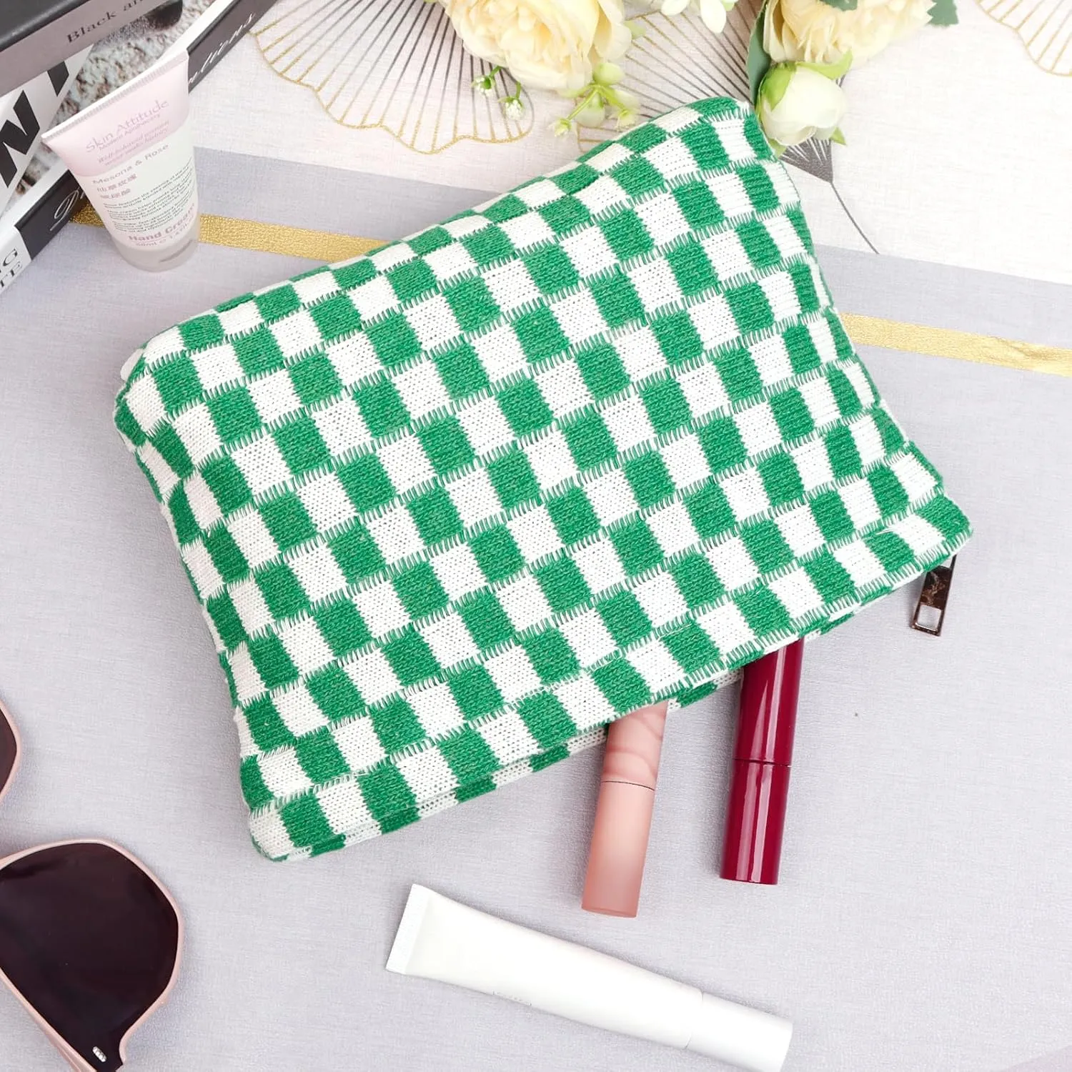 4pcs Lager Checkered Makeup Bag Cosmetic Bag for Women, Y2k Accessories Aesthetic Plaid Makeup Bag for Women, Large Capacity Pencil Case Makeup Brushes Storage Bag Travel Toiletry Bag Organizer