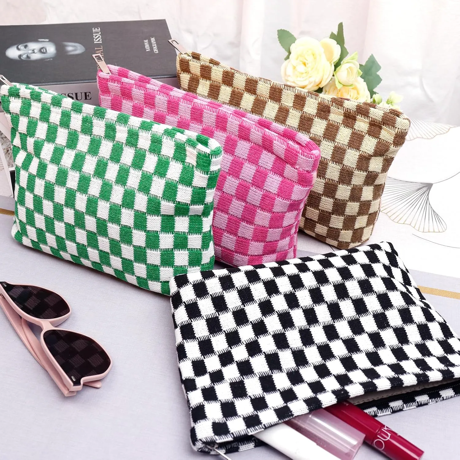 4pcs Lager Checkered Makeup Bag Cosmetic Bag for Women, Y2k Accessories Aesthetic Plaid Makeup Bag for Women, Large Capacity Pencil Case Makeup Brushes Storage Bag Travel Toiletry Bag Organizer