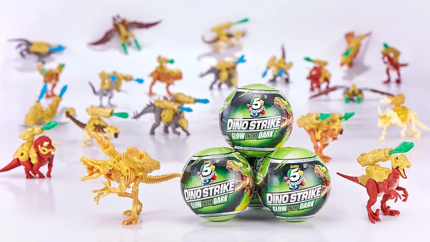 5 Surprise Dino Strike Surprise Mystery Battling Collectible Dinos by ZURU (2 Pack) Glow in The Dark,Gold