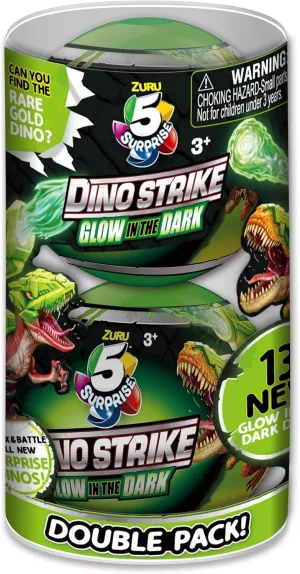 5 Surprise Dino Strike Surprise Mystery Battling Collectible Dinos by ZURU (2 Pack) Glow in The Dark,Gold