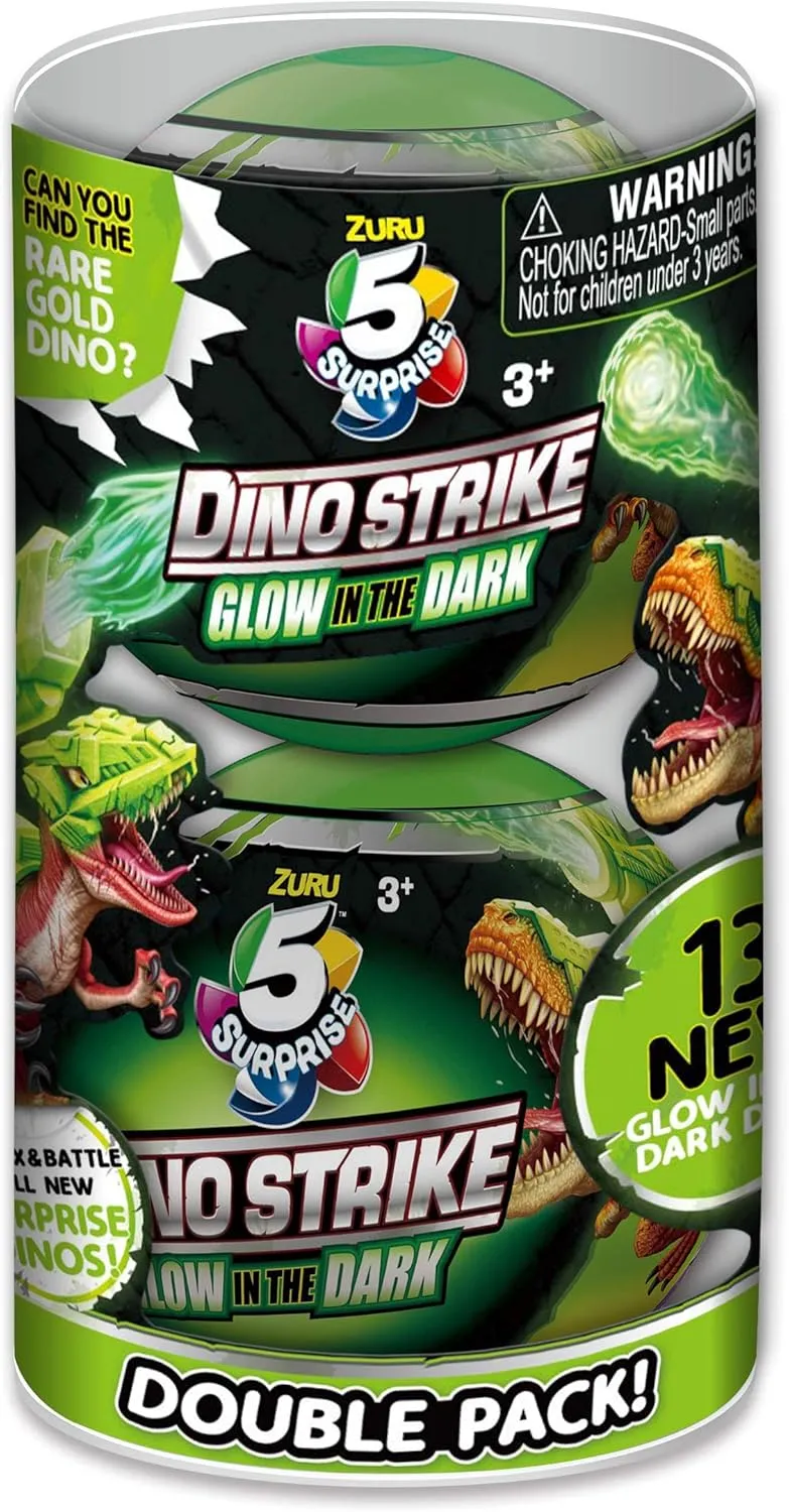5 Surprise Dino Strike Surprise Mystery Battling Collectible Dinos by ZURU (2 Pack) Glow in The Dark,Gold